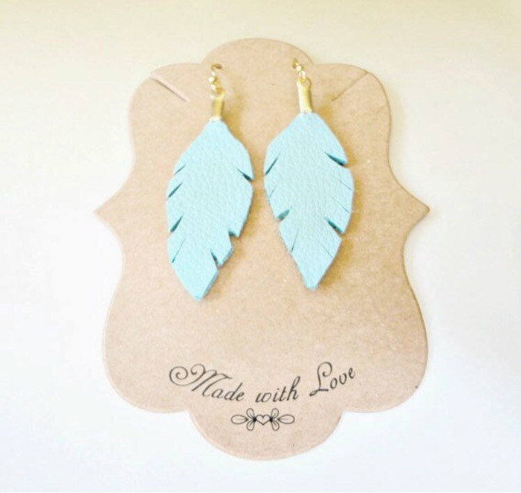 Blue Leather Feather Earrings