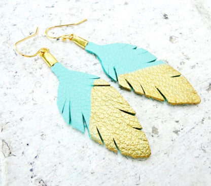 Blue Leather Feather Earrings