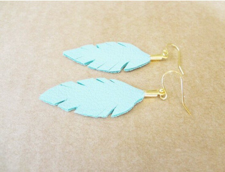 Blue Leather Feather Earrings