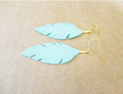 Blue Leather Feather Earrings