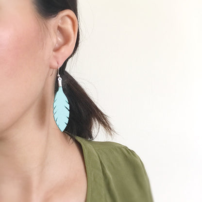 Blue Leather Feather Earrings