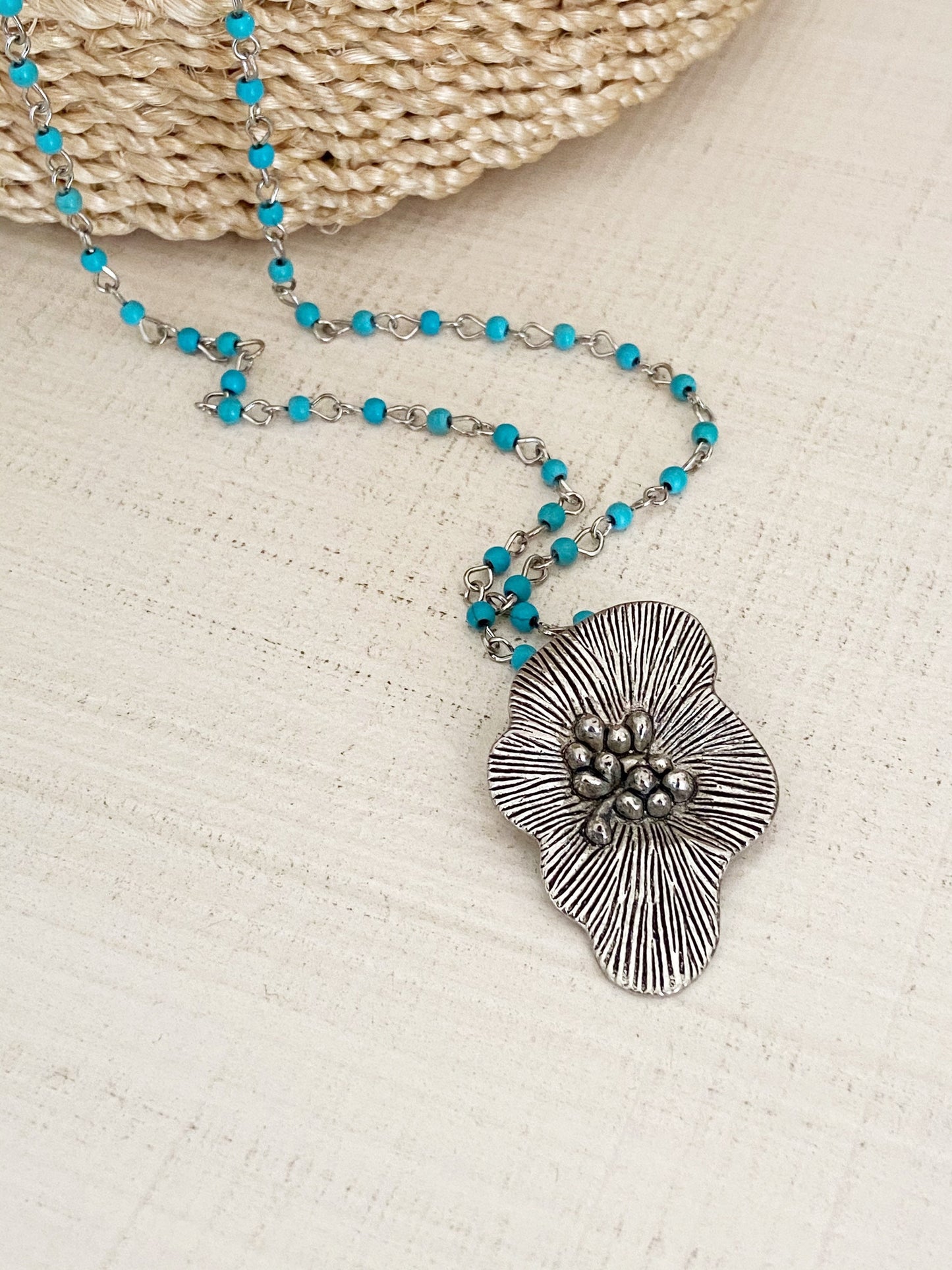 Turquoise Beaded Silver Flower Necklace