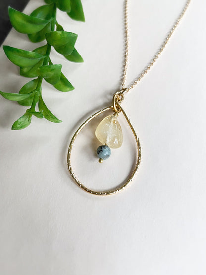 Citrine Gray Agate Teardrop Pendant Necklace