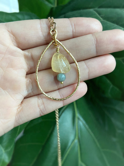 Citrine Gray Agate Teardrop Pendant Necklace