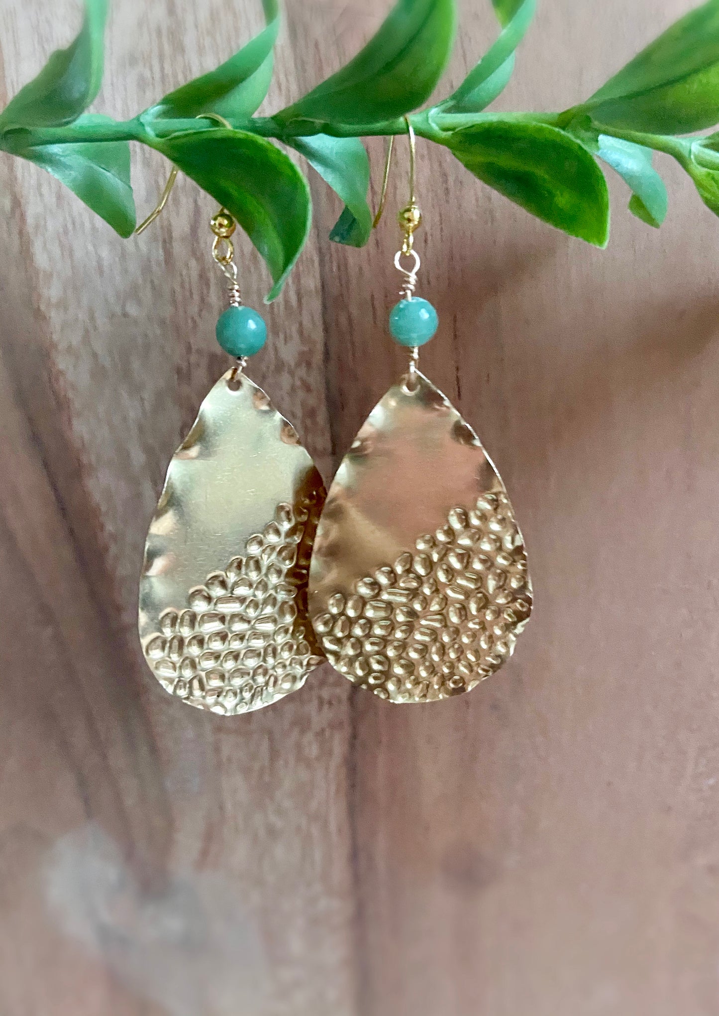 Large Hammered Teardrop Earrings with Aventurine Stones