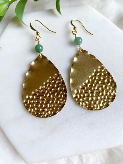 Large Hammered Teardrop Earrings with Aventurine Stones