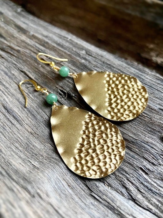 Large Hammered Teardrop Earrings with Aventurine Stones