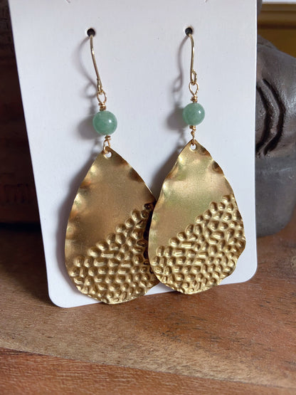 Large Hammered Teardrop Earrings with Aventurine Stones