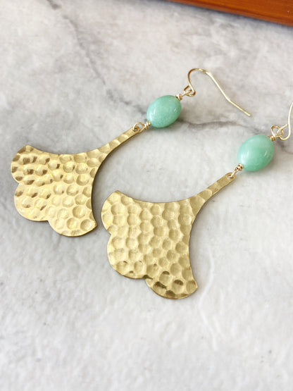 Hammered Gingko and Aventurine Earrings