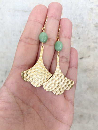 Hammered Gingko and Aventurine Earrings