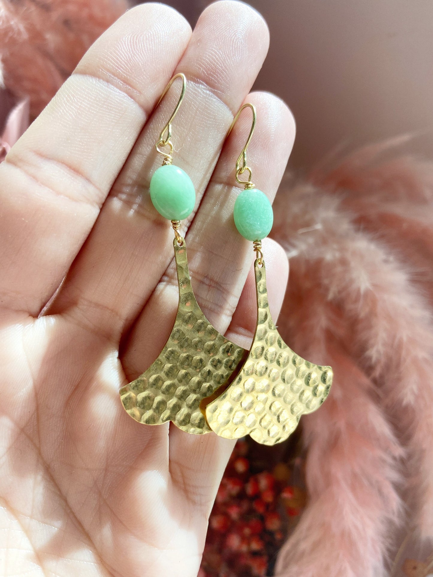 Hammered Gingko and Aventurine Earrings