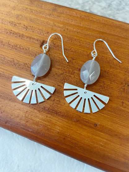 Silver Moonstone Sunburst Earrings, Gray Moonstone Gemstone Jewelry, Modern Boho Dangle Earrings