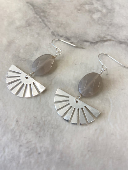 Silver Moonstone Sunburst Earrings, Gray Moonstone Gemstone Jewelry, Modern Boho Dangle Earrings