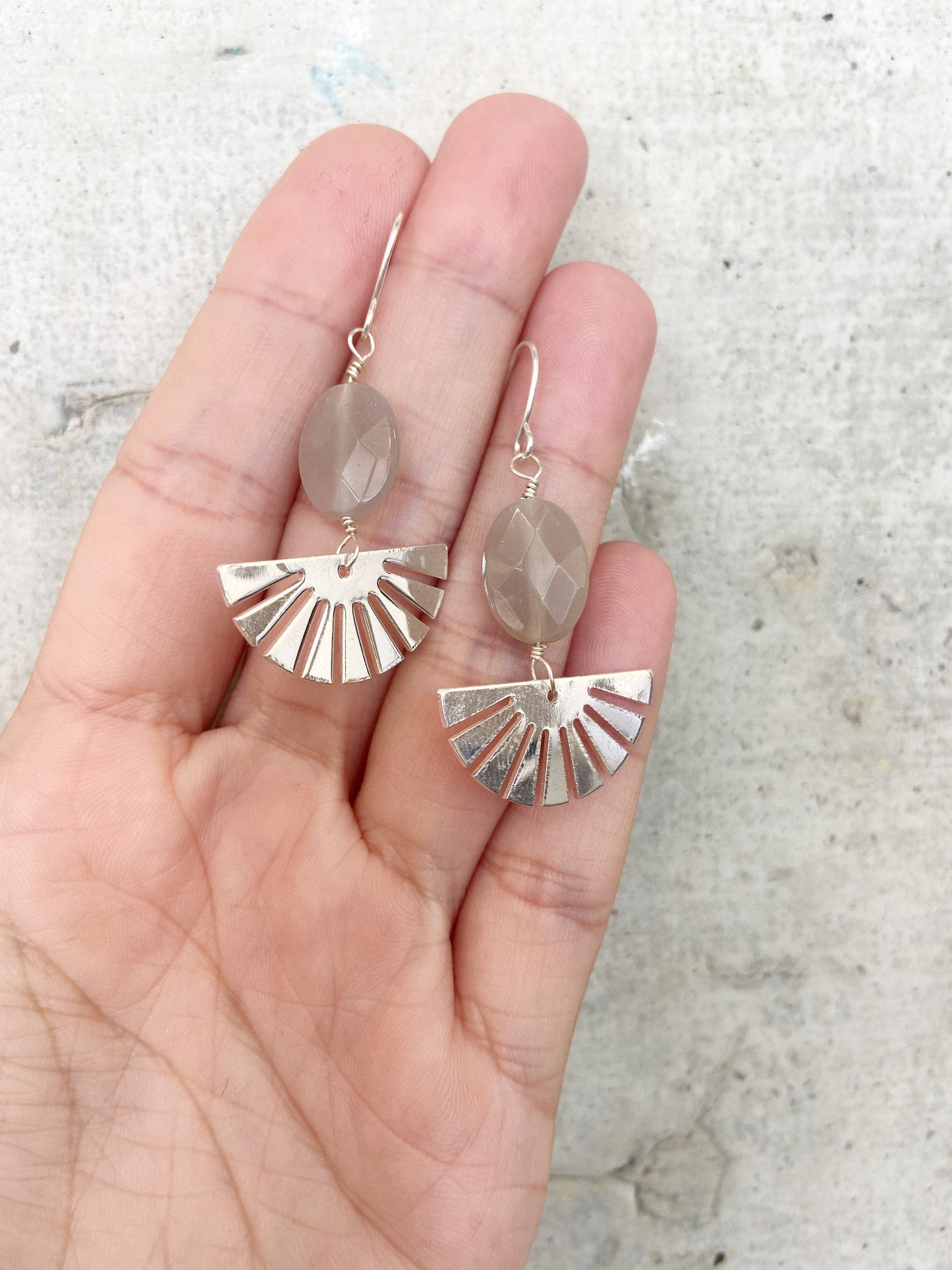 Silver Moonstone Sunburst Earrings, Gray Moonstone Gemstone Jewelry, Modern Boho Dangle Earrings