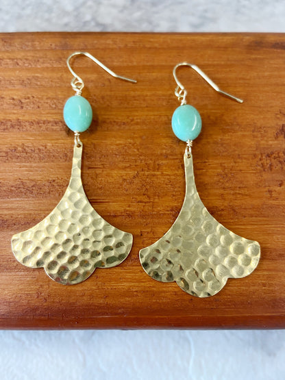 Hammered Gingko and Aventurine Earrings