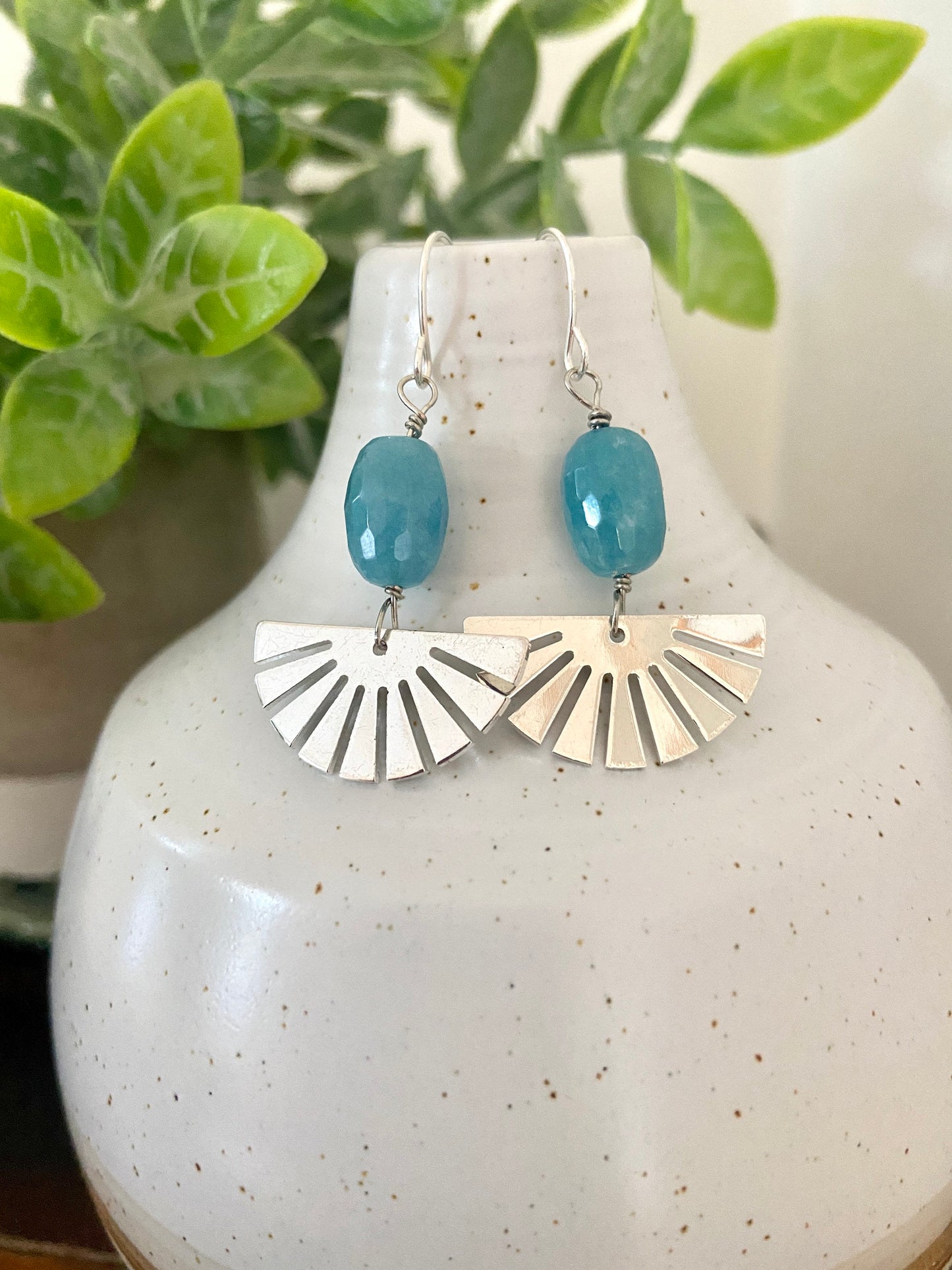 Silver Sunburst Earrings, Blue Angelite Gemstone Jewelry, Modern Boho Dangle Earrings, Geometric Jewelry, Fall Style, Gift for Her