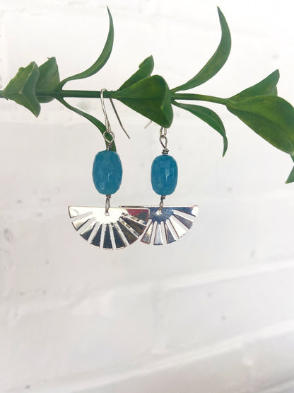 Silver Sunburst Earrings, Blue Angelite Gemstone Jewelry, Modern Boho Dangle Earrings, Geometric Jewelry, Fall Style, Gift for Her