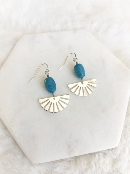 Silver Sunburst Earrings, Blue Angelite Gemstone Jewelry, Modern Boho Dangle Earrings, Geometric Jewelry, Fall Style, Gift for Her