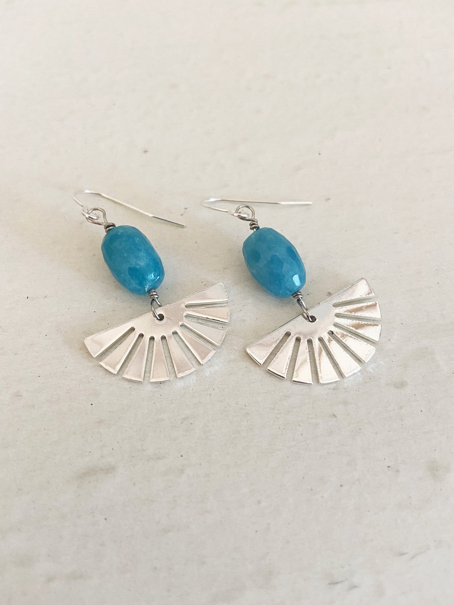 Silver Sunburst Earrings, Blue Angelite Gemstone Jewelry, Modern Boho Dangle Earrings, Geometric Jewelry, Fall Style, Gift for Her